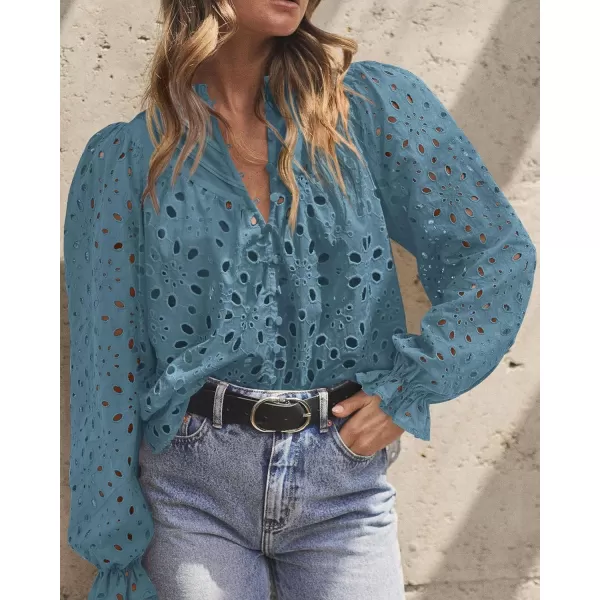 PRETTYGARDEN Womens Dressy Casual Blouse Tops Fall Puff Long Sleeve Button V Neck Hollow Out Lace Embroidered ShirtsMist Blue