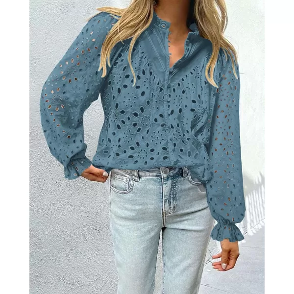 PRETTYGARDEN Womens Dressy Casual Blouse Tops Fall Puff Long Sleeve Button V Neck Hollow Out Lace Embroidered ShirtsMist Blue