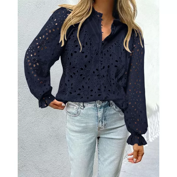 PRETTYGARDEN Womens Dressy Casual Blouse Tops Fall Puff Long Sleeve Button V Neck Hollow Out Lace Embroidered ShirtsNavy