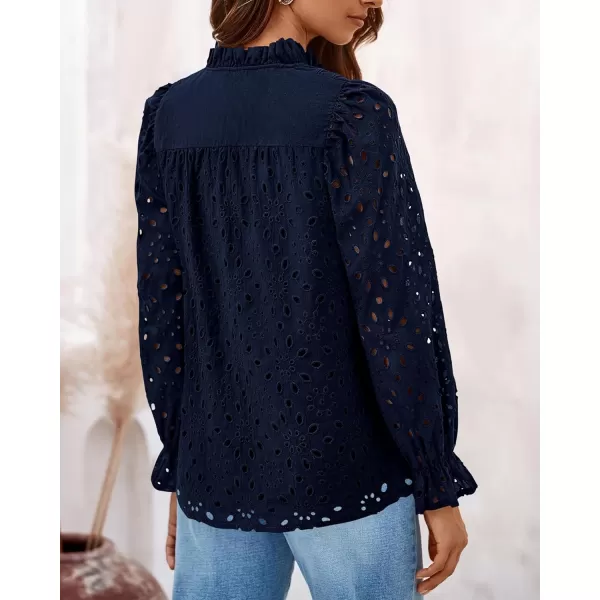 PRETTYGARDEN Womens Dressy Casual Blouse Tops Fall Puff Long Sleeve Button V Neck Hollow Out Lace Embroidered ShirtsNavy
