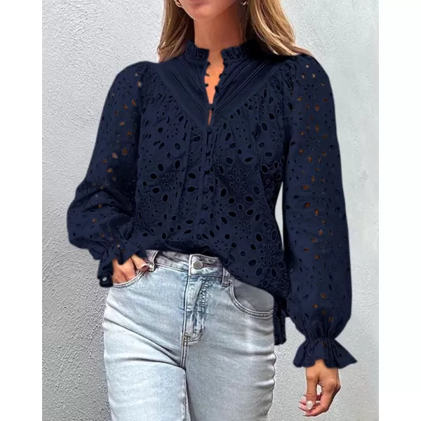 PRETTYGARDEN Womens Dressy Casual Blouse Tops Fall Puff Long Sleeve Button V Neck Hollow Out Lace Embroidered ShirtsNavy