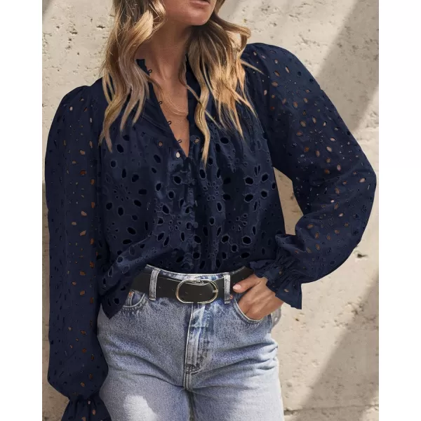 PRETTYGARDEN Womens Dressy Casual Blouse Tops Fall Puff Long Sleeve Button V Neck Hollow Out Lace Embroidered ShirtsNavy