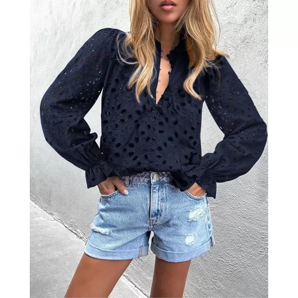 PRETTYGARDEN Womens Dressy Casual Blouse Tops Fall Puff Long Sleeve Button V Neck Hollow Out Lace Embroidered ShirtsNavy