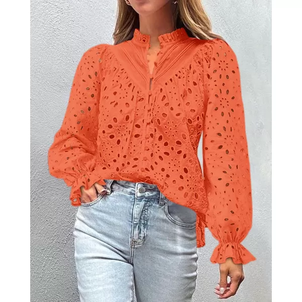 PRETTYGARDEN Womens Dressy Casual Blouse Tops Fall Puff Long Sleeve Button V Neck Hollow Out Lace Embroidered ShirtsOrange