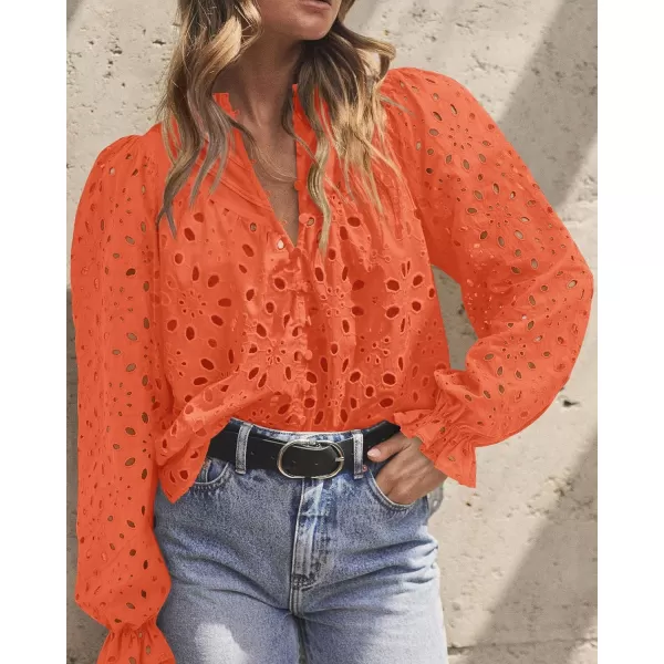 PRETTYGARDEN Womens Dressy Casual Blouse Tops Fall Puff Long Sleeve Button V Neck Hollow Out Lace Embroidered ShirtsOrange