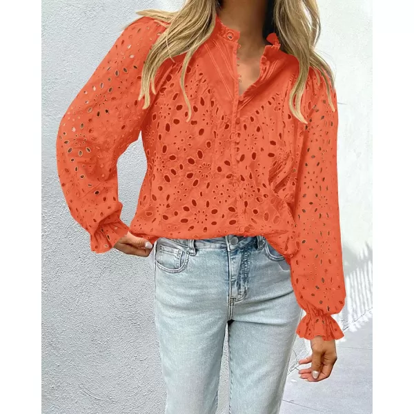 PRETTYGARDEN Womens Dressy Casual Blouse Tops Fall Puff Long Sleeve Button V Neck Hollow Out Lace Embroidered ShirtsOrange