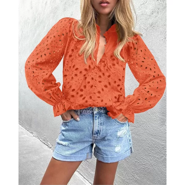 PRETTYGARDEN Womens Dressy Casual Blouse Tops Fall Puff Long Sleeve Button V Neck Hollow Out Lace Embroidered ShirtsOrange