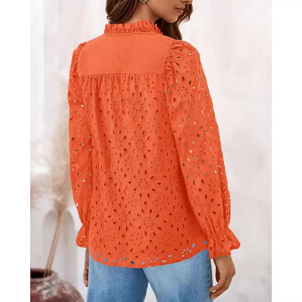 PRETTYGARDEN Womens Dressy Casual Blouse Tops Fall Puff Long Sleeve Button V Neck Hollow Out Lace Embroidered ShirtsOrange