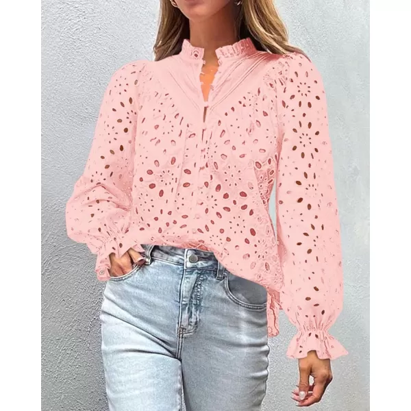 PRETTYGARDEN Womens Dressy Casual Blouse Tops Fall Puff Long Sleeve Button V Neck Hollow Out Lace Embroidered ShirtsPink