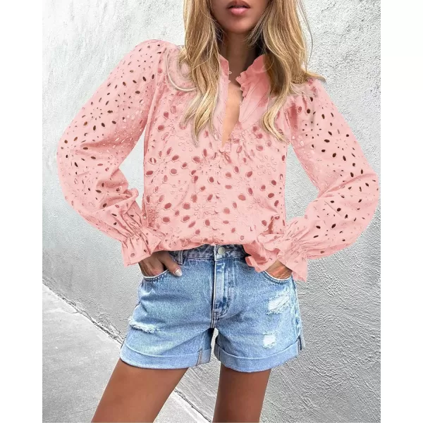 PRETTYGARDEN Womens Dressy Casual Blouse Tops Fall Puff Long Sleeve Button V Neck Hollow Out Lace Embroidered ShirtsPink