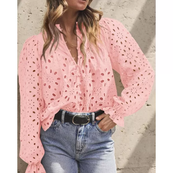 PRETTYGARDEN Womens Dressy Casual Blouse Tops Fall Puff Long Sleeve Button V Neck Hollow Out Lace Embroidered ShirtsPink