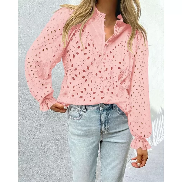 PRETTYGARDEN Womens Dressy Casual Blouse Tops Fall Puff Long Sleeve Button V Neck Hollow Out Lace Embroidered ShirtsPink