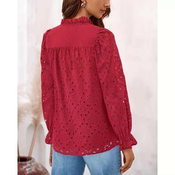 PRETTYGARDEN Womens Dressy Casual Blouse Tops Fall Puff Long Sleeve Button V Neck Hollow Out Lace Embroidered ShirtsRed