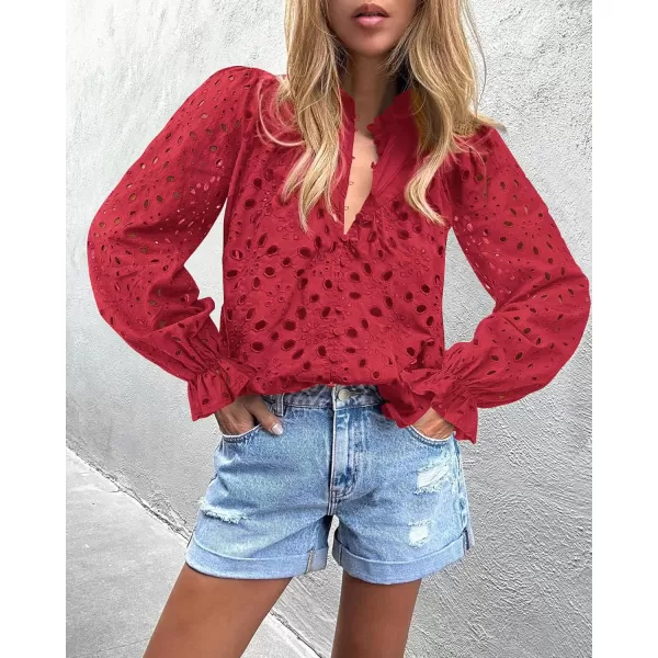 PRETTYGARDEN Womens Dressy Casual Blouse Tops Fall Puff Long Sleeve Button V Neck Hollow Out Lace Embroidered ShirtsRed