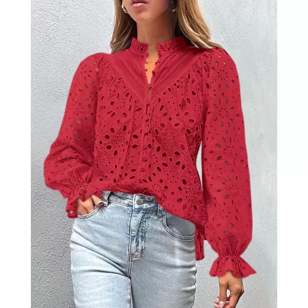 PRETTYGARDEN Womens Dressy Casual Blouse Tops Fall Puff Long Sleeve Button V Neck Hollow Out Lace Embroidered ShirtsRed