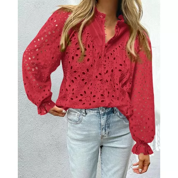 PRETTYGARDEN Womens Dressy Casual Blouse Tops Fall Puff Long Sleeve Button V Neck Hollow Out Lace Embroidered ShirtsRed