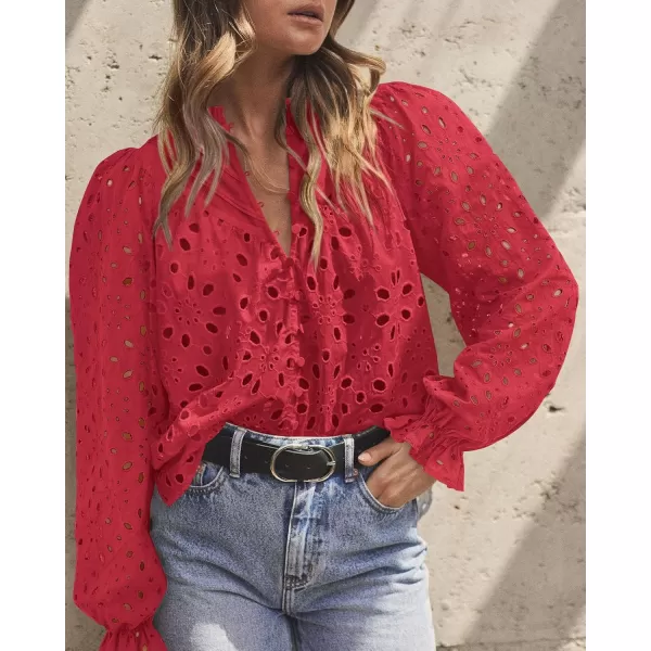 PRETTYGARDEN Womens Dressy Casual Blouse Tops Fall Puff Long Sleeve Button V Neck Hollow Out Lace Embroidered ShirtsRed