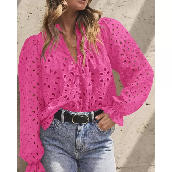 PRETTYGARDEN Womens Dressy Casual Blouse Tops Fall Puff Long Sleeve Button V Neck Hollow Out Lace Embroidered ShirtsRose Red