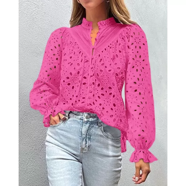 PRETTYGARDEN Womens Dressy Casual Blouse Tops Fall Puff Long Sleeve Button V Neck Hollow Out Lace Embroidered ShirtsRose Red