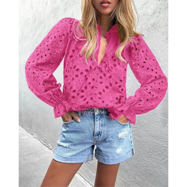 PRETTYGARDEN Womens Dressy Casual Blouse Tops Fall Puff Long Sleeve Button V Neck Hollow Out Lace Embroidered ShirtsRose Red