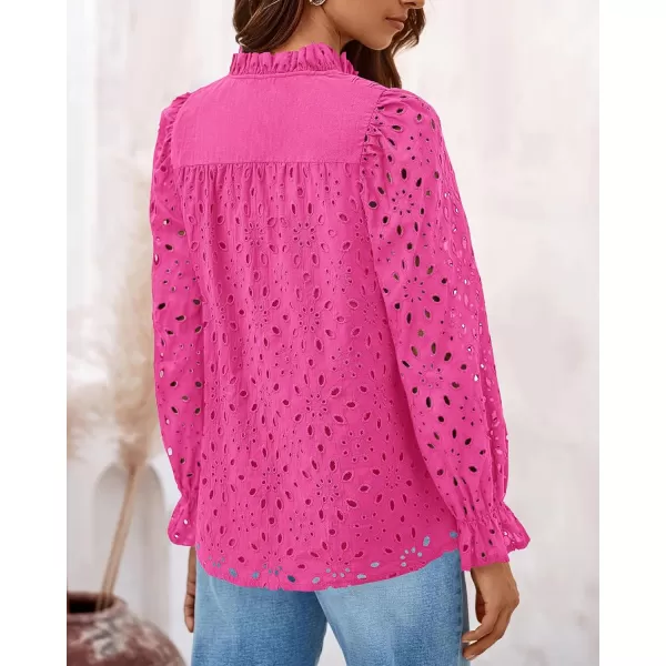 PRETTYGARDEN Womens Dressy Casual Blouse Tops Fall Puff Long Sleeve Button V Neck Hollow Out Lace Embroidered ShirtsRose Red