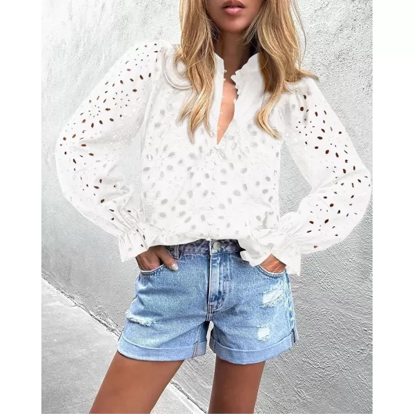 PRETTYGARDEN Womens Dressy Casual Blouse Tops Fall Puff Long Sleeve Button V Neck Hollow Out Lace Embroidered ShirtsWhite