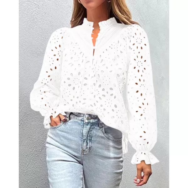 PRETTYGARDEN Womens Dressy Casual Blouse Tops Fall Puff Long Sleeve Button V Neck Hollow Out Lace Embroidered ShirtsWhite