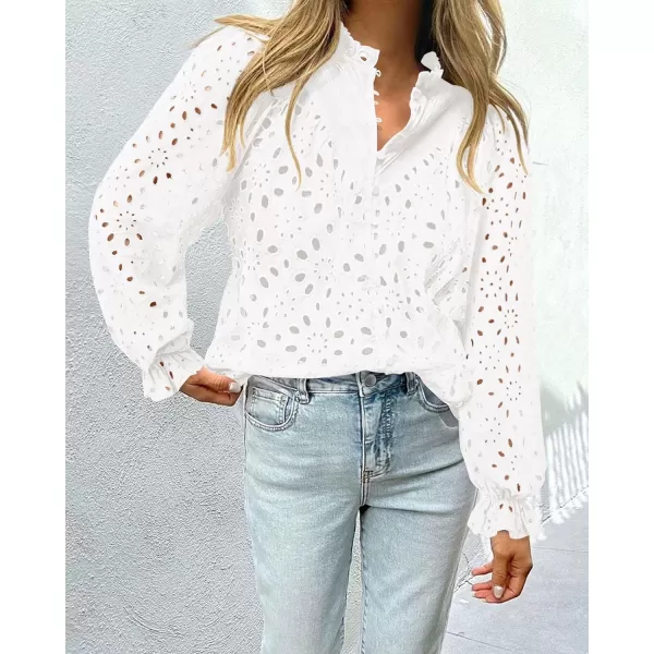 PRETTYGARDEN Womens Dressy Casual Blouse Tops Fall Puff Long Sleeve Button V Neck Hollow Out Lace Embroidered ShirtsWhite