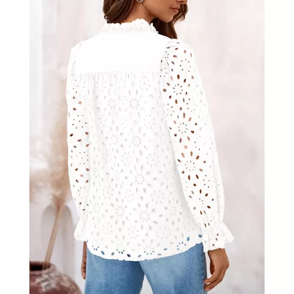 PRETTYGARDEN Womens Dressy Casual Blouse Tops Fall Puff Long Sleeve Button V Neck Hollow Out Lace Embroidered ShirtsWhite
