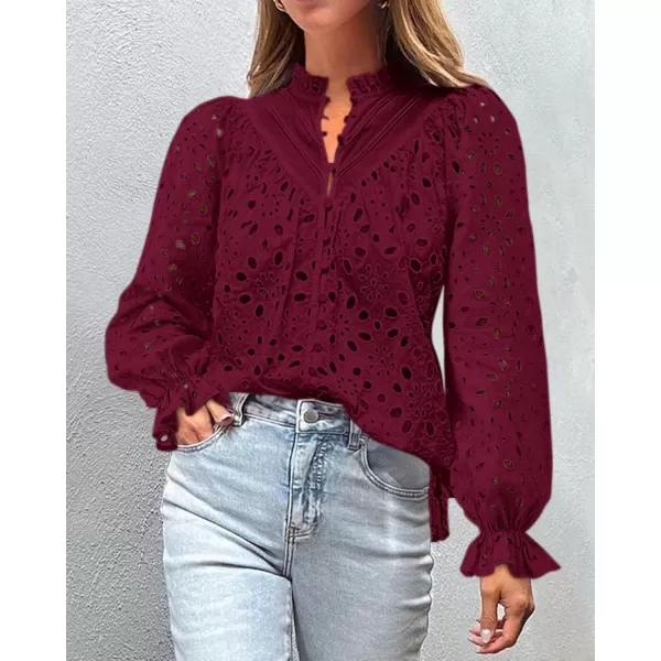 PRETTYGARDEN Womens Dressy Casual Blouse Tops Fall Puff Long Sleeve Button V Neck Hollow Out Lace Embroidered ShirtsWine Red