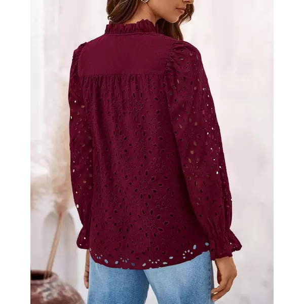 PRETTYGARDEN Womens Dressy Casual Blouse Tops Fall Puff Long Sleeve Button V Neck Hollow Out Lace Embroidered ShirtsWine Red