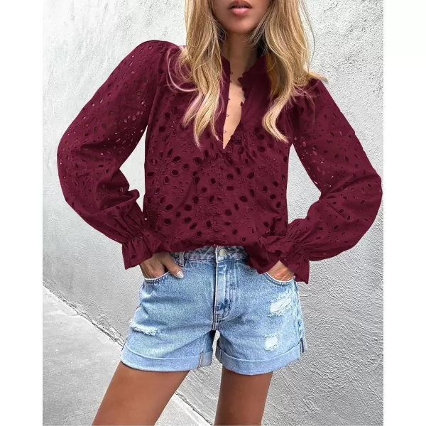 PRETTYGARDEN Womens Dressy Casual Blouse Tops Fall Puff Long Sleeve Button V Neck Hollow Out Lace Embroidered ShirtsWine Red