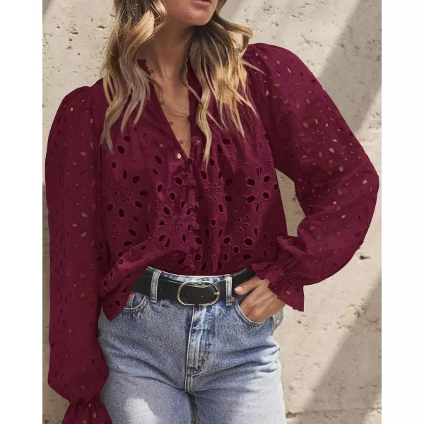 PRETTYGARDEN Womens Dressy Casual Blouse Tops Fall Puff Long Sleeve Button V Neck Hollow Out Lace Embroidered ShirtsWine Red