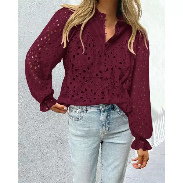 PRETTYGARDEN Womens Dressy Casual Blouse Tops Fall Puff Long Sleeve Button V Neck Hollow Out Lace Embroidered ShirtsWine Red