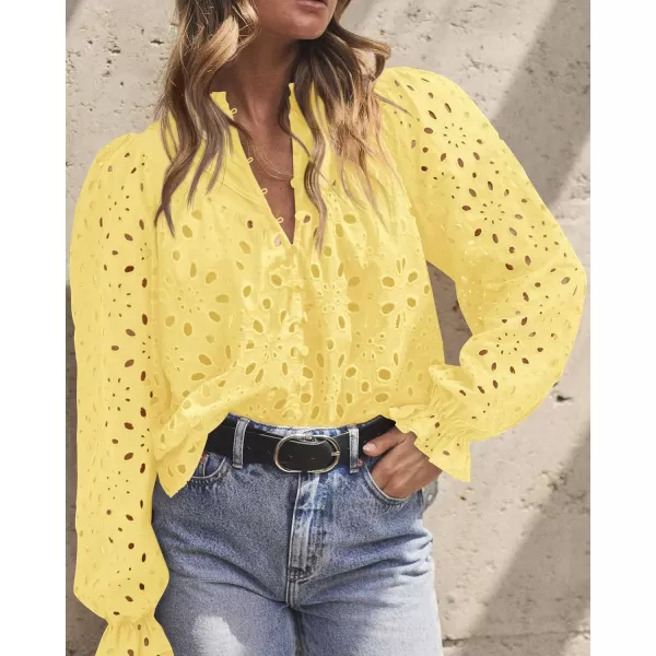 PRETTYGARDEN Womens Dressy Casual Blouse Tops Fall Puff Long Sleeve Button V Neck Hollow Out Lace Embroidered ShirtsYellow