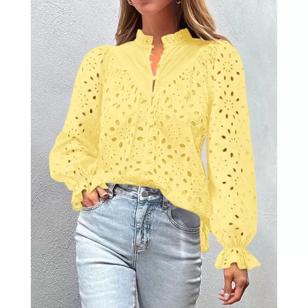 PRETTYGARDEN Womens Dressy Casual Blouse Tops Fall Puff Long Sleeve Button V Neck Hollow Out Lace Embroidered ShirtsYellow