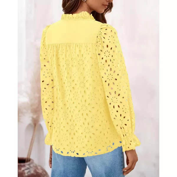 PRETTYGARDEN Womens Dressy Casual Blouse Tops Fall Puff Long Sleeve Button V Neck Hollow Out Lace Embroidered ShirtsYellow