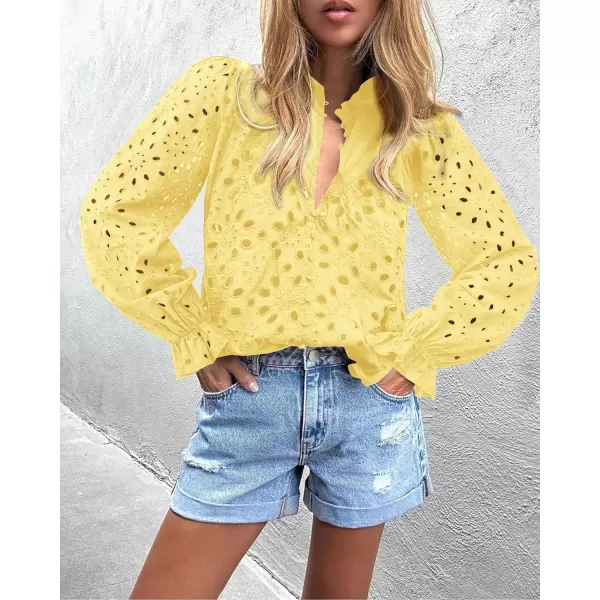 PRETTYGARDEN Womens Dressy Casual Blouse Tops Fall Puff Long Sleeve Button V Neck Hollow Out Lace Embroidered ShirtsYellow