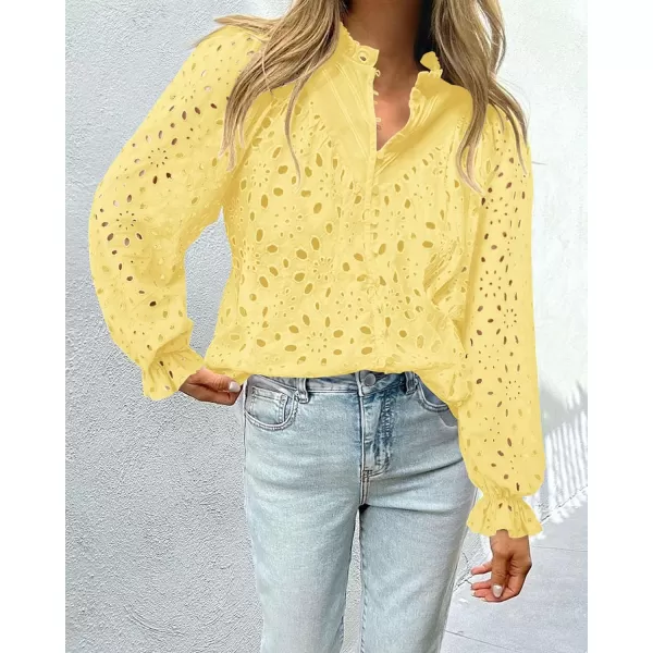 PRETTYGARDEN Womens Dressy Casual Blouse Tops Fall Puff Long Sleeve Button V Neck Hollow Out Lace Embroidered ShirtsYellow