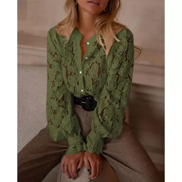 PRETTYGARDEN Womens Dressy Casual Lace Blouse Long Sleeve Button Up Shirts Tops Fall Fashion ClothesArmy Green