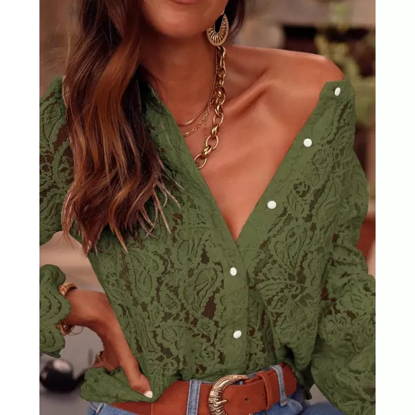 PRETTYGARDEN Womens Dressy Casual Lace Blouse Long Sleeve Button Up Shirts Tops Fall Fashion ClothesArmy Green