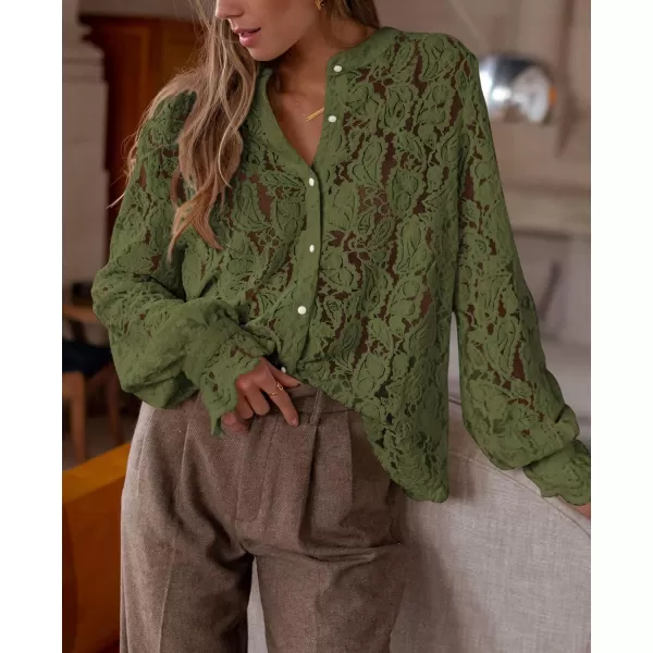PRETTYGARDEN Womens Dressy Casual Lace Blouse Long Sleeve Button Up Shirts Tops Fall Fashion ClothesArmy Green