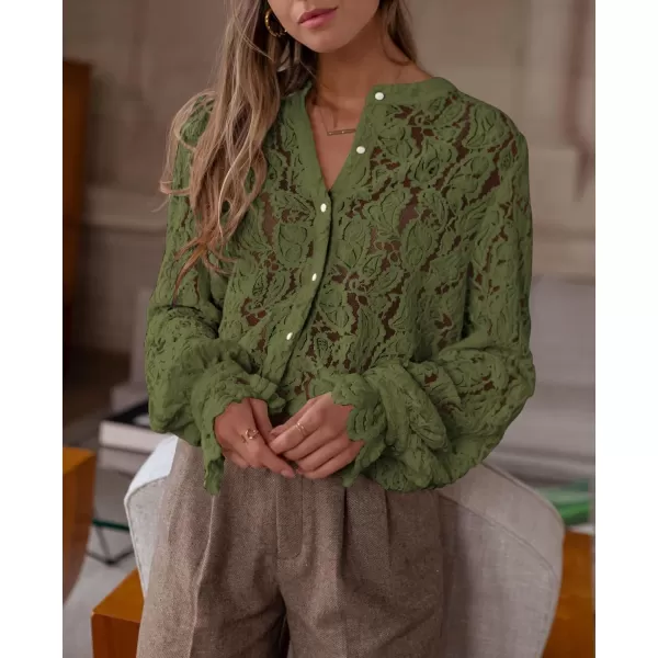 PRETTYGARDEN Womens Dressy Casual Lace Blouse Long Sleeve Button Up Shirts Tops Fall Fashion ClothesArmy Green