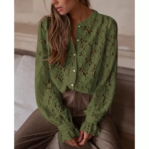 PRETTYGARDEN Womens Dressy Casual Lace Blouse Long Sleeve Button Up Shirts Tops Fall Fashion ClothesArmy Green