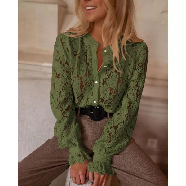 PRETTYGARDEN Womens Dressy Casual Lace Blouse Long Sleeve Button Up Shirts Tops Fall Fashion ClothesArmy Green