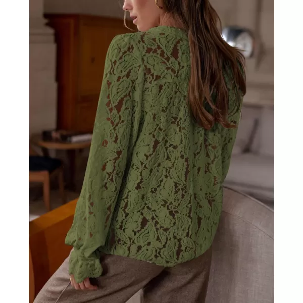 PRETTYGARDEN Womens Dressy Casual Lace Blouse Long Sleeve Button Up Shirts Tops Fall Fashion ClothesArmy Green