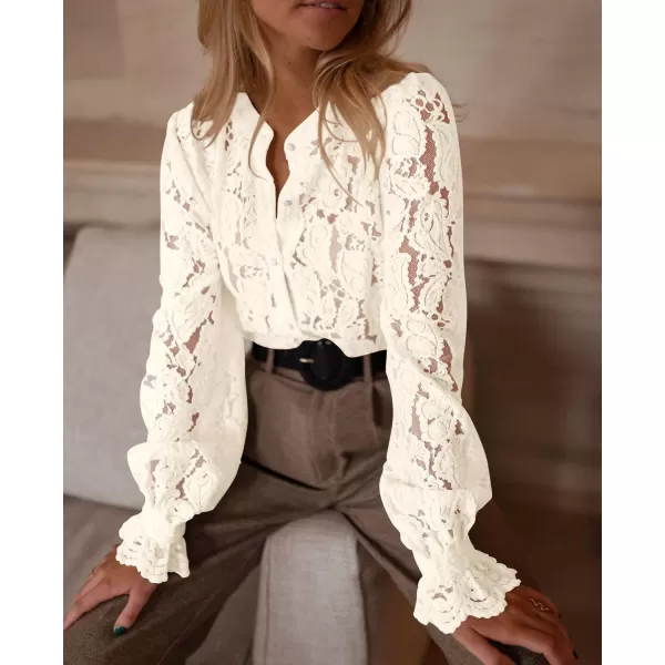 PRETTYGARDEN Womens Dressy Casual Lace Blouse Long Sleeve Button Up Shirts Tops Fall Fashion ClothesBeige