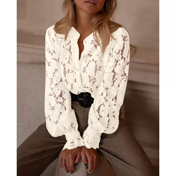PRETTYGARDEN Womens Dressy Casual Lace Blouse Long Sleeve Button Up Shirts Tops Fall Fashion ClothesBeige