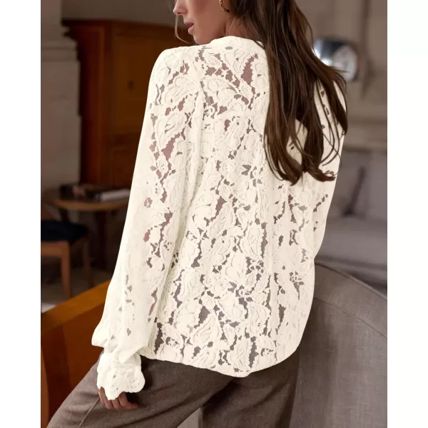 PRETTYGARDEN Womens Dressy Casual Lace Blouse Long Sleeve Button Up Shirts Tops Fall Fashion ClothesBeige