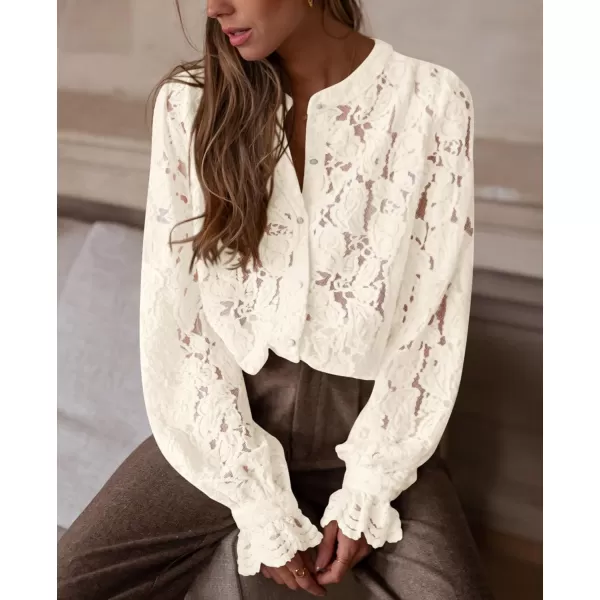 PRETTYGARDEN Womens Dressy Casual Lace Blouse Long Sleeve Button Up Shirts Tops Fall Fashion ClothesBeige